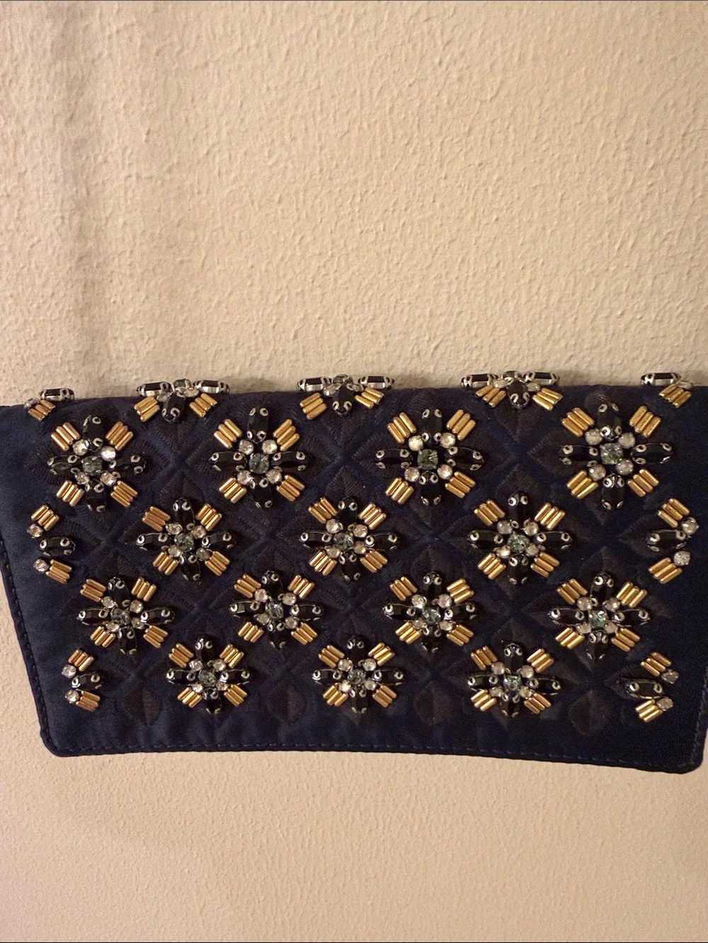 Tory Burch Navy Quilted Clutch with Gold & Silver Bead Flowers